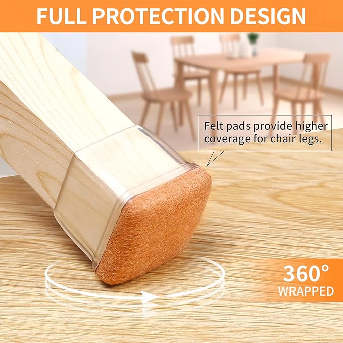 Ezprotekt 24 Pcs Clear Square Chair Leg Floor Protectors with Felt, Silicone Felt Furniture Pads for Hardwood Floor, Dining Table Leg Caps Covers No Scratches and Noise (L Fit: 1" - 1.4")