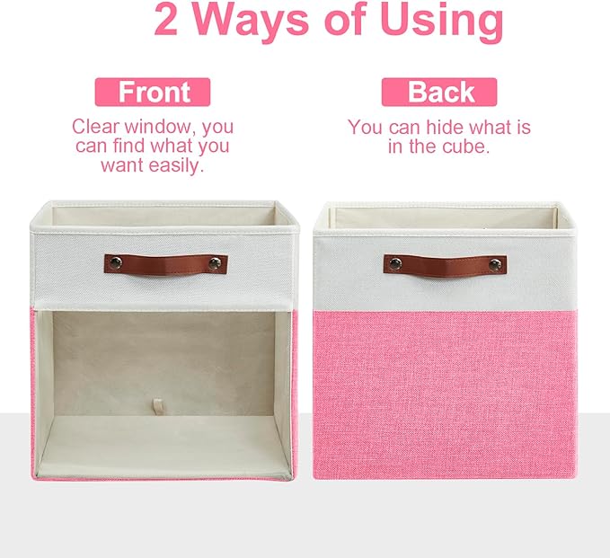 Storage Cubes, 4 Pack Linen Foldable Storage Bins (13 x 13 inch) with Clear Window and Handles, Fabric Organizer for Shelf Closet, Clothes, Books - (Pink and White)
