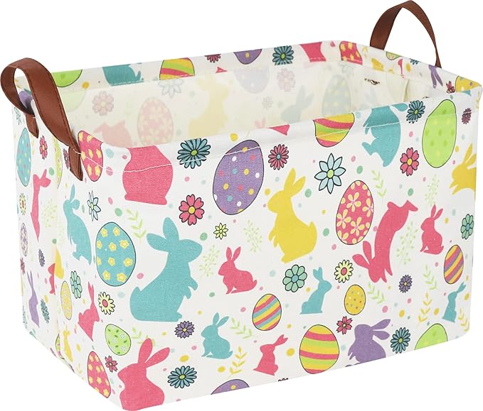CLOCOR Easter Eggs Basket Empty with Colorful Eggs-pattern,Rectangular Easter Gift Basket with Handles for Boys and Girls,Toys Bin,Room Decor(Easter Eggs Basket)