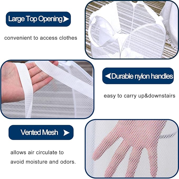 2 Pack Mesh Pop Up Laundry Baskets, Collapsible Laundry Hampers, Foldable Clothes Basket Storage Bins with Handles & Side Pocket for Cruise, Travel, Laundry Room, Dorm, Home (White)