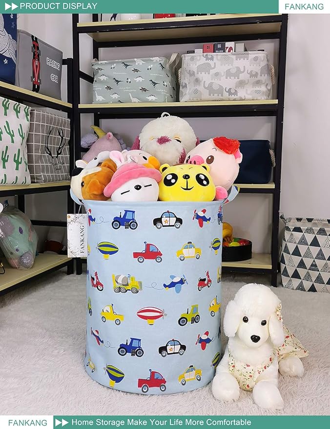 FANKANG Storage Basket, Nursery Hamper Canvas Laundry Basket Foldable with Waterproof PE Coating Large Storage Baskets for Kids Boys and Girls, Office, Bedroom, Clothes,Toys（Car）