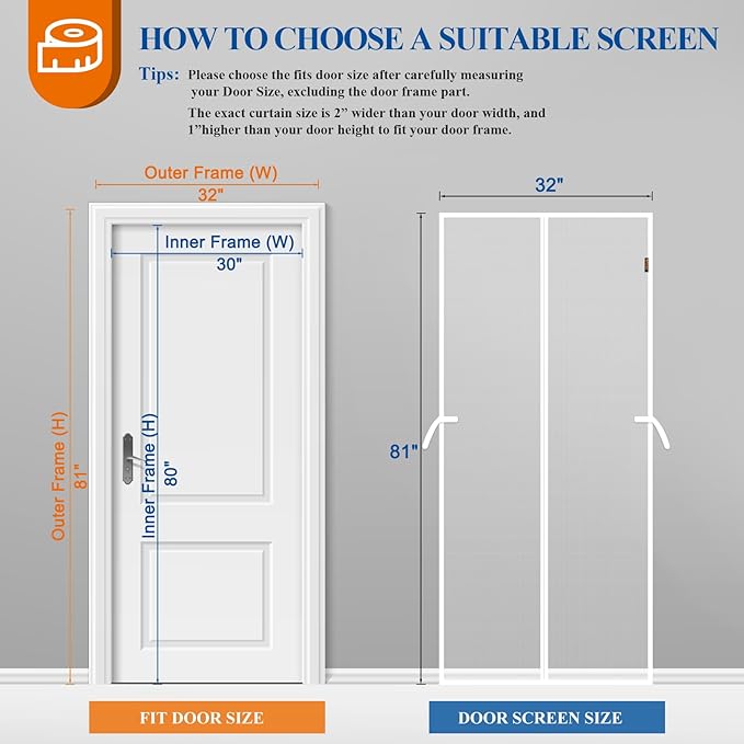 Magnetic Screen Door White, Fits 30'' x 80'' Door, Tear-Resistant High-Density Fiber Mesh, Keep Annoying Creatures Out, Pet Friendly, Easy Install with Strong-Adhesive Hook&Loop, Enjoy Beauty Sunshine