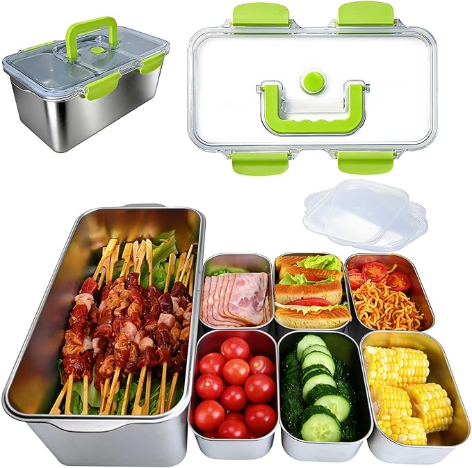 YINGRACE 7-Piece 304 Stainless Steel Food Storage Containers Set with Clear Lids, Meal Prep Deli Meat Container Fridge Organizers, Bacon Cheese Container, Dishwasher Safe, Two Sizes, 169oz and 20oz