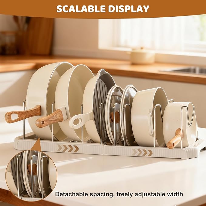 Expandable Pot Rack Organizer, 12 Adjustable Compartments, Pot and Pan Organizer Rack for Cabinet with Cup Brush Dividers, 13 -22" Wide Adjustable Pan Organizer - Pantry Countertop Storage (White)