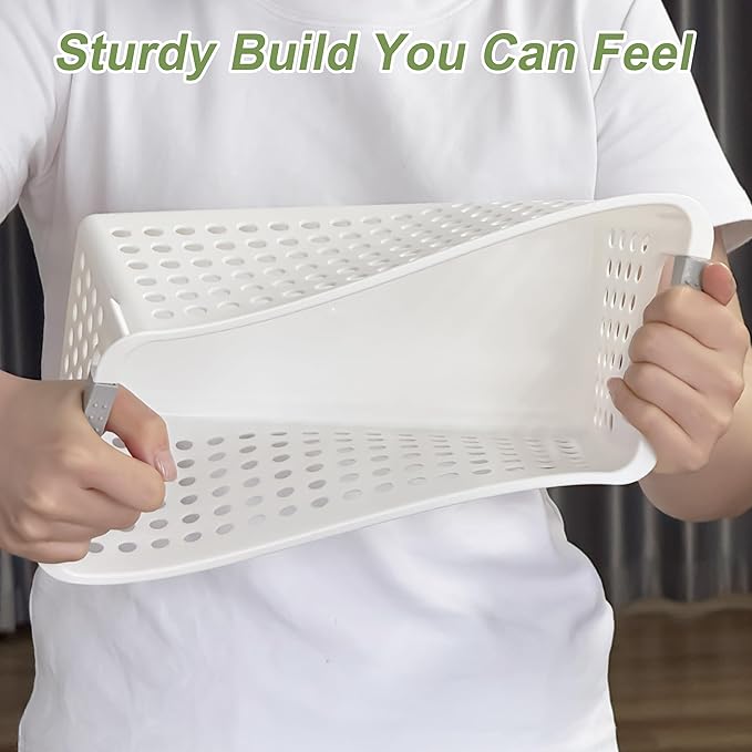 Soddeph 4 Pack Slim Plastic Storage Basket with Handles, Rectangular Storage Bins for Shelves,Narrow Organizer box for Organizing, Kitchen,Home,Office (White, Small)