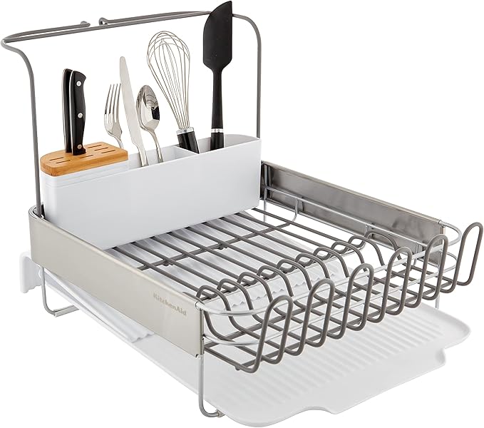KitchenAid Full Size Compact to Full Capactiy Expandable Rust Resistant Dish Rack, with Self Draining Angled Drainboard and Removable Flatware Caddy, 24-Inch, White