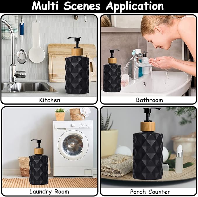 Black Glass Soap Dispenser Set with Bamboo Pump, 12oz Refillable Liquid Hand Soap, Lotion Dispenser for Modern Home Decor, Bathroom, Kitchen Countertop, Hotel (2 Pack)