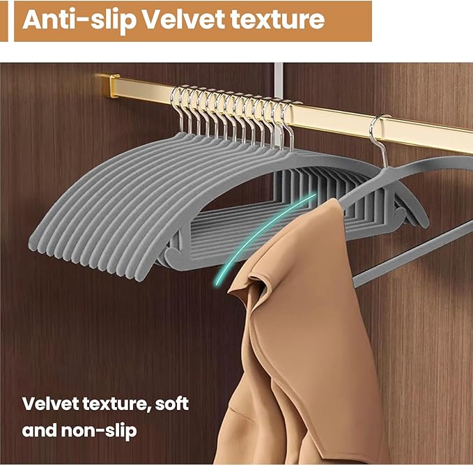 Jiang&Rong 60 Pack Grey Velvet Hangers, Ultra Thin Space Saving Non-Slip Clothes Hangers, No Shoulder Bumps Suit Hangers for Sweaters, Jackets, Pants, Dresses & Shirts, Heavy Duty Velvet Coat Hanger