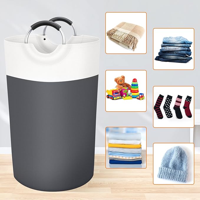 BlissTotes Laundry Basket, Laundry Hamper, Collapsible Laundry Baskets, Dirty Clothes Hamper, Waterproof Laundry Basket with Foam Protected Aluminum Handles for College Dorm, Family 90L (Gray)