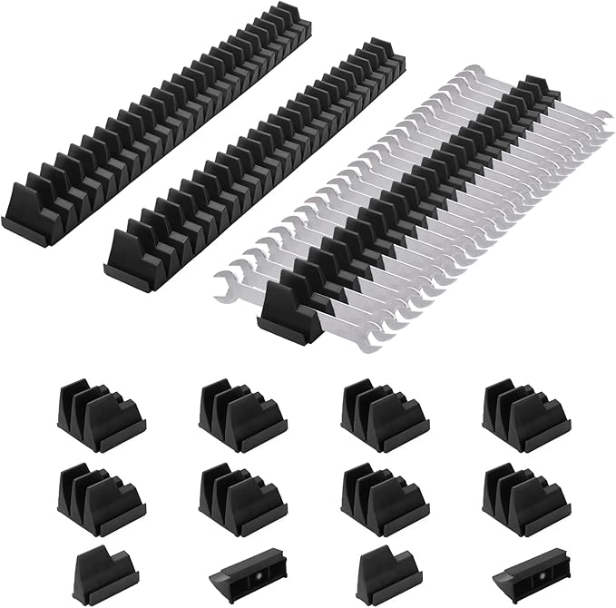 42 Pieces Modular Wrench Organizer Magnetic Wrench Holder Plastic Modular Tool Organizers with Label for Tool Drawer Storage (Black, for 100 Wrenches)