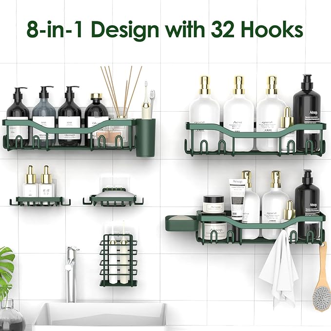 Shower Caddy Adhesive Shower Organizer 8-Pack, Rustproof Stainless Steel Bathroom Shelves, Large Capacity No-Drill Rack Storage Accessories with Soap Dish Toothbrush Holder Hooks