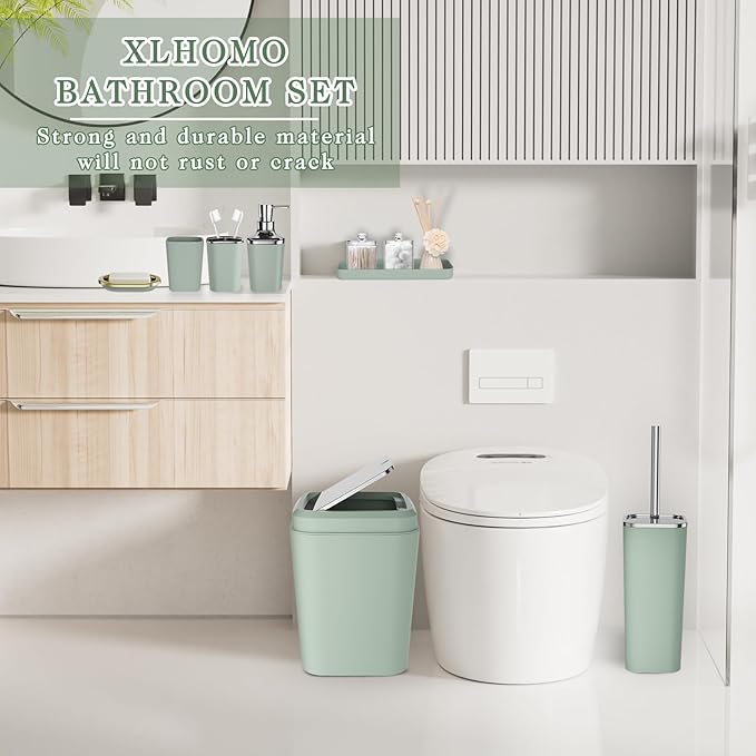 Bathroom Set, Sage Green Bathroom Accessories Set with Press-on Lid Bathroom Trash Can, Soap Dispenser, 10PC Bathroom Accessory Set for Home