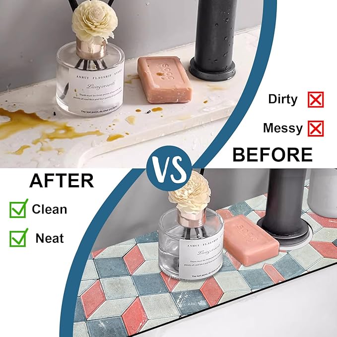 Red Gray Tile Kitchen Sink Splash Guard Faucet Mat Red White Diamond Super Absorbent Fast Drying Mat Sink Splash Guard Behind Faucet for Kitchen Bathroom, 23.5"x5.5"