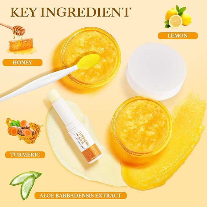 3PCS Turmeric Lemon Lip scrub and Turmeric Lip Balm with Brush Set, Lip Scrubber Exfoliator, Dark Lips Treatment for Smokers, Natural Exfoliator & Moisturizer Cracked, Dull, Reduce Fine Lines Lips