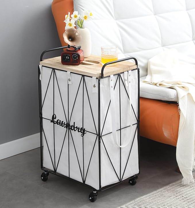 Mxfurhawa Iron Wire Laundry Hamper With Rolling Lockable Wheels, FoldinLaundry Storage Basket with Handles,Detachable Liner Collapsible Dirty Laundry Cart Sorter Clothes Basket Organizer (81-Black)