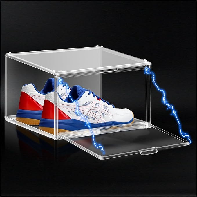 1 Pack Plastic Shoe Storage Boxes Fit US Size 13, Clear Stackable Shoe Display Case with Acrylic Magnetic Side Door, Shoe Containers for Sneaker Storage, Hats, Figure, Collectible, Book, Clothes