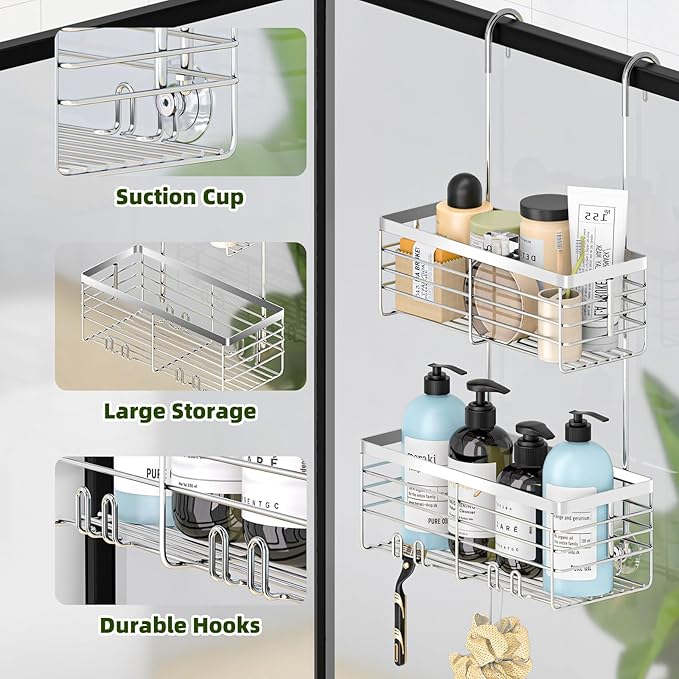 YUOROS Shower Caddy Hanging, 2 Tier Over the Door Shower Organizer Rack 304 Stainless Steel Rustproof Bathroom Storage Shampoo Holder Basket (Silver)