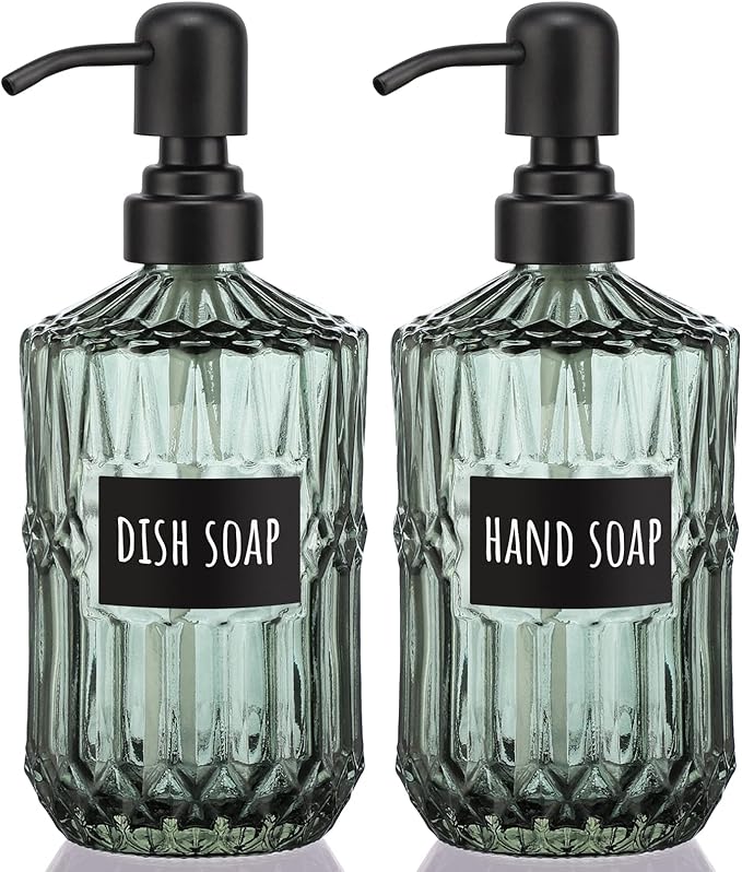 Segbeauty Glass Soap Dispenser Set, 2 Pack 15.2oz Farmhouse Kitchen Decor Stainless Steel Pump Bottles, 450ml Refillable Shower Bottle Hand Soap Dispenser for Modern Home Bathroom Western Decor Green
