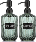 Segbeauty Glass Soap Dispenser Set, 2 Pack 15.2oz Farmhouse Kitchen Decor Stainless Steel Pump Bottles, 450ml Refillable Shower Bottle Hand Soap Dispenser for Modern Home Bathroom Western Decor Green