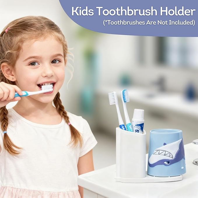 Lily's Home Kids Toothbrush Holder - 3D Shark Tumbler & Organizer Set - Fun Bathroom Storage Decor - Blue/White Design - Kids Bathroom Accessories - Space-Saving Holder for Toothbrush/Toothpaste