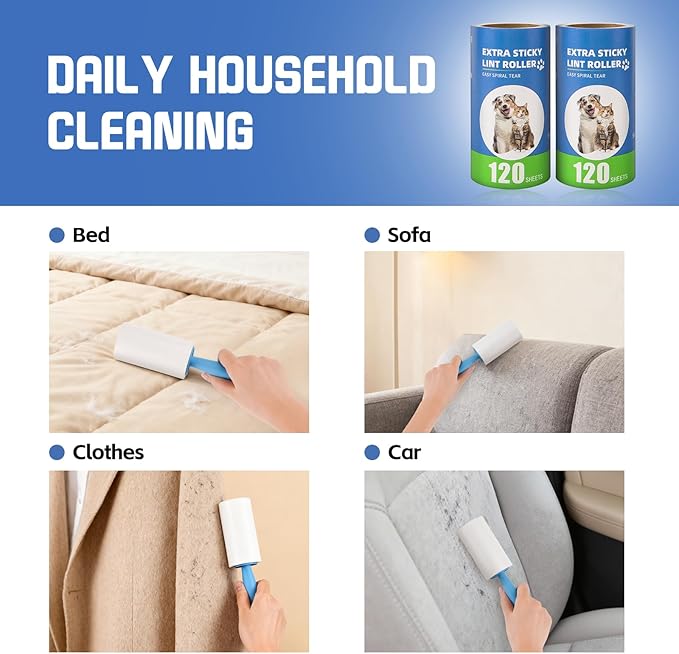 Bartuke Extra Sticky Lint Roller Refills 6 Pack (720 Sheets) fit 3.8"-4" Standard Size Lint Roller Sticker with Handle, Inner Diameter at 1.5" for Pet Hair, Clothes, Furniture, Cars