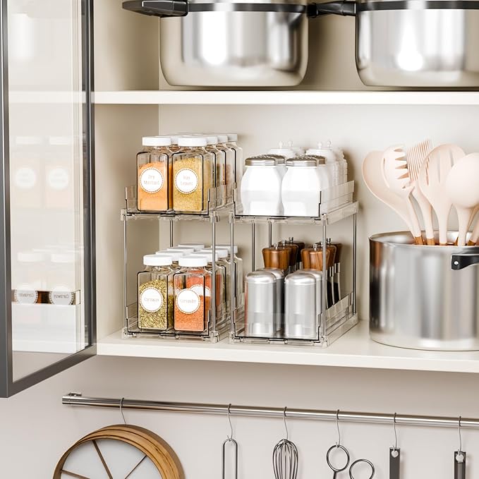 Yieach 2 Pack 2 Tier Vertical Spice Rack Pull Out,10.4'' Deep Narrow Slide Out Spice Rack Organizer for Inside Cabinets,Kitchen,Pantry,Cupboard Seasoning,Can,Jar Organizer and Medicine Cabinet Storage