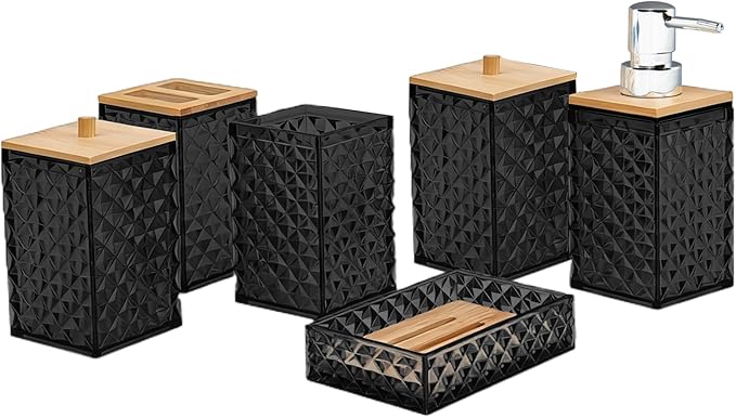 Bathroom Accessory Set,6 Pcs Black Bathroom Set Include Soap Dispenser, Qtip Holder Dispenser, Soap Dish,Toothbrush Holder & Mouthwash Cup.Boho Bathroom Set
