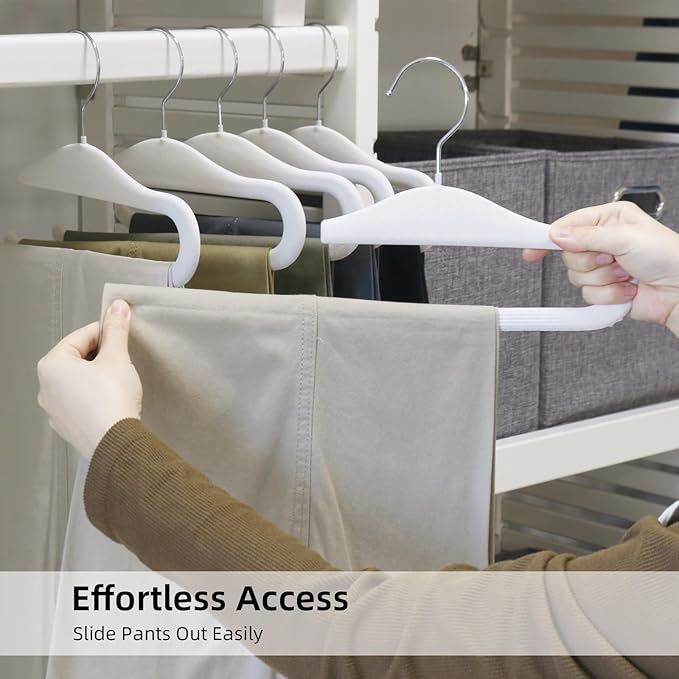 Velvet Pants Hangers, 20 Pack Non-Slip Open Ended Hangers with 360° Swivel Hook Slim Space Saving Jeans Hangers for Pants, Scarves, Ties, Towels, White