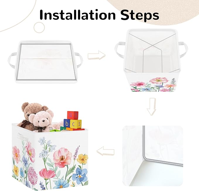Clastyle Flowers Storage Cube Organizer Set Handle Closet Clothes Cube with Metal Frame Foldable Parents Organizer Storage Basket for Book Toy,Watercolour,11.8x11.8x11.8 in