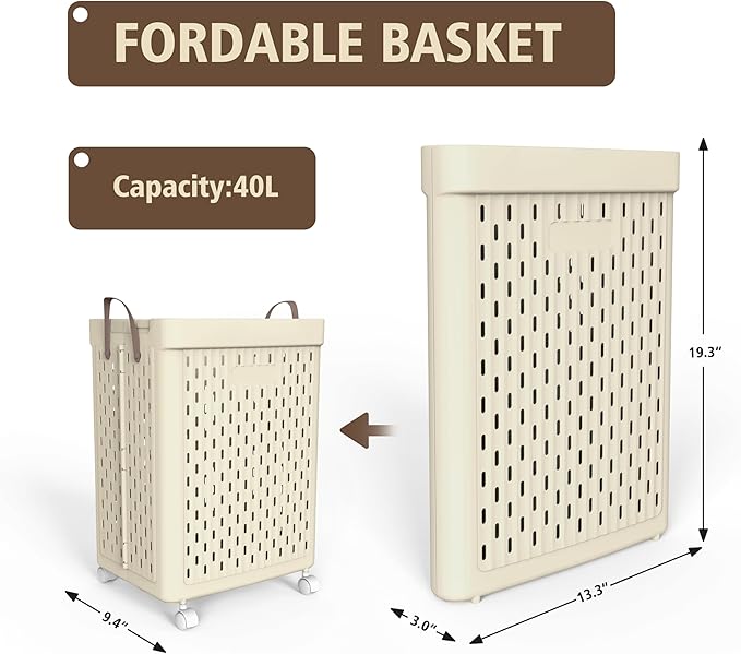 UAK 67L Plastic Laundry Basket with Wheels & Handle, Heavy Duty Foldable Laundry Hamper – Easy Clean Waterproof Rolling Organizer for Bathroom & Laundry Room, Ivory