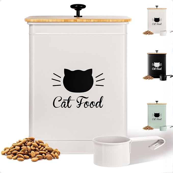 Cat Food Storage Container with Scoop - 5-7 lb (25 Cup) Capacity Metal Cat Food Container with Airtight Bamboo Lid and Metal Scoop - Airtight Pet Food Storage Containers 5 lb - 7 lb Kibble Container