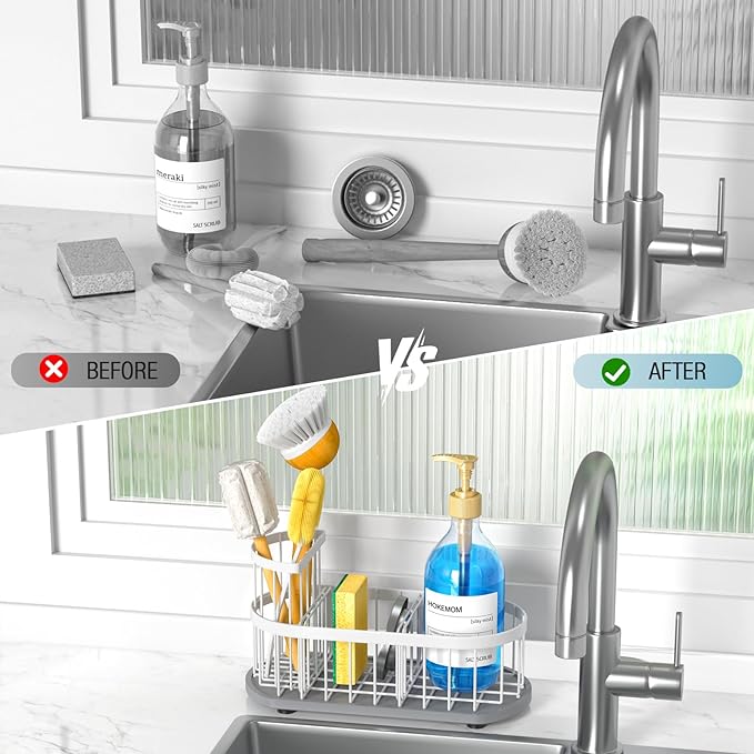 LARGE Kitchen Sink Caddy Organizer,[FLEXIBLE PLACEMENT & FAST-DRYING] Sponge Holder for Kitchen Sink Countertop with High Brush Holder-Rustproof 304 Stainless Steel-9.84"L x 4.72"W x 5.83"H