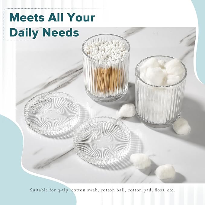 Bathroom Accessories Set, 4 Pack Clear Glass Bath Accessory Sets Complete, Ribbed Soap Dispenser and Toothbrush Holder Set with 2 Qtip Holders, Modern Sliver Bathroom Counter Decor