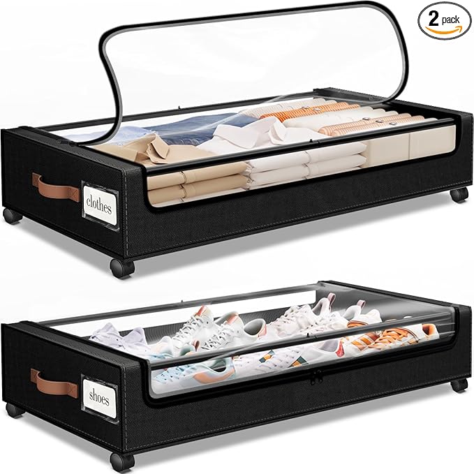 Under Bed Storage with Wheels 2Pack Storage Containers with Clear Window&Label Under Bed Drawers Rolling Under Bed Storage for Clothes,Shoes, Blankets (30.71 x 16.93 x 6.69 in, Black)