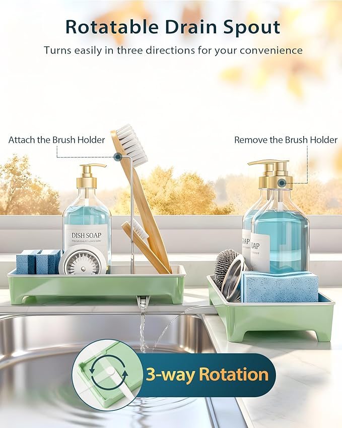 Minimalist Sink Caddy, Rustproof Sponge Holder for Kitchen Sink with 304 Stainless-Steel Brush Holder, Countertop Rack Organizer with Raised Ridges & Silicone Drain Tube (Mint Green)