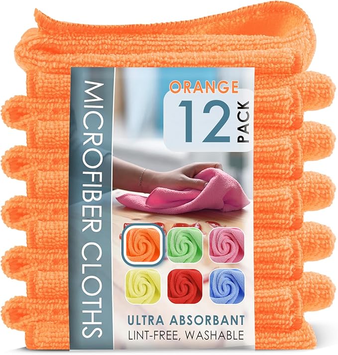Hearth & Harbor Microfiber Cleaning Cloth for Cars 12 Pack Washcloths, Orange Cleaning Rags, Reusable Microfiber Cloth Rags for Cleaning, Lint Free Cloth, 12''x12'' (V-HH-Cloth-M-12-Org)