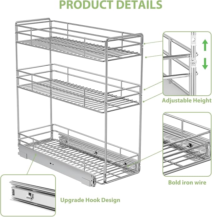 Pull Out Spice Rack Cabinet Organizer 5½" W x 20½" D, 3 Tier Heavy Duty Sliding Spice Cabinet Organization for Narrow Cabinet, Pull Out Shelves for Kitchen
