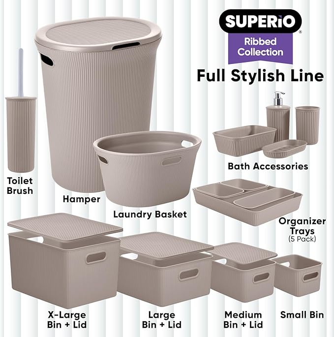 Decorative Plastic Basket Open Home Storage Bins Organizer Baskets, Small Taupe (4 Pack) Container Boxes for Organizing Closet Storage Bins for Shelves Drawer Shelf - Ribbed Collection 1.5 Liter