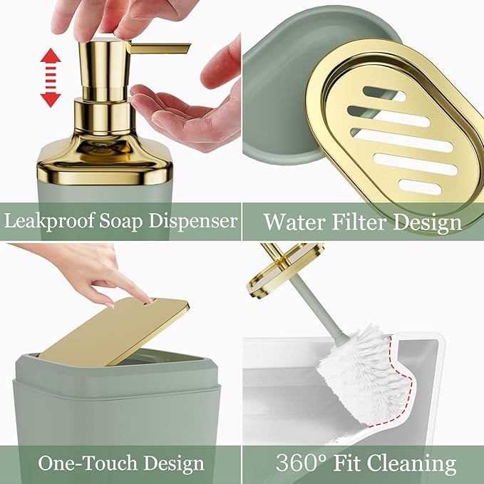 Bathroom Set, Sage Green Bathroom Accessories Set with Press-on Lid Bathroom Trash Can, Soap Dispenser, 10PC Bathroom Accessory Set for Home