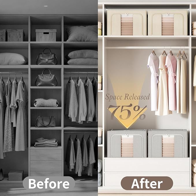 66L Clothes Storage Bins with Metal Frame Foldable Storage Bins with Lids Clothes Organizers and Storage with Clear Window Stackable Zippered Clothes Storage Bags(Beige)