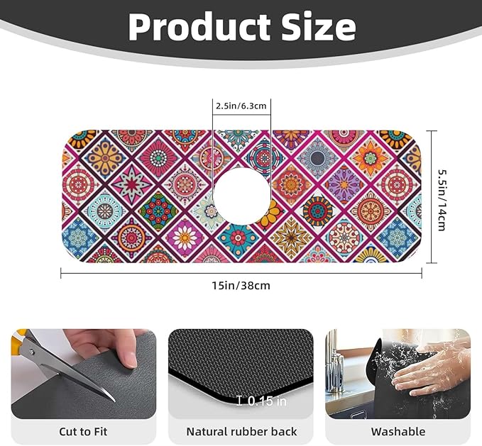 Boho Mandala Bohemian Floral Kitchen Sink Splash Guard Faucet Mat Super Absorbent Fast Drying Mat Sink Gadgets-Fast Drying Pad Sink Mat For Kitchen Bathroom (15" X 5.5" )