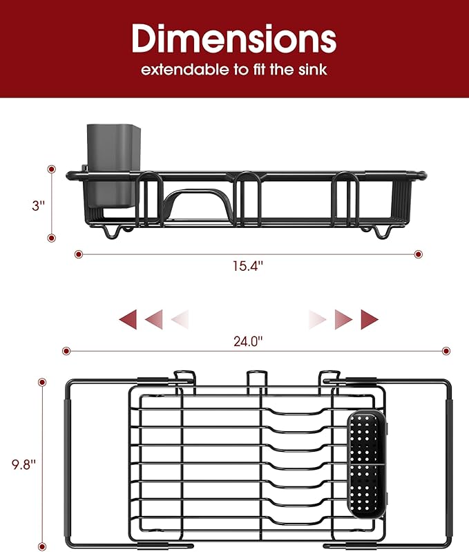 Dish Drying Rack in Sink - Expandable Stainless Steel Dish Rack Over The Sink, Kitchen Sink Drain Strainer with Cutlery Holder & Cup Holders, 15.4 x 9.8 x 3.0 Inch, Black