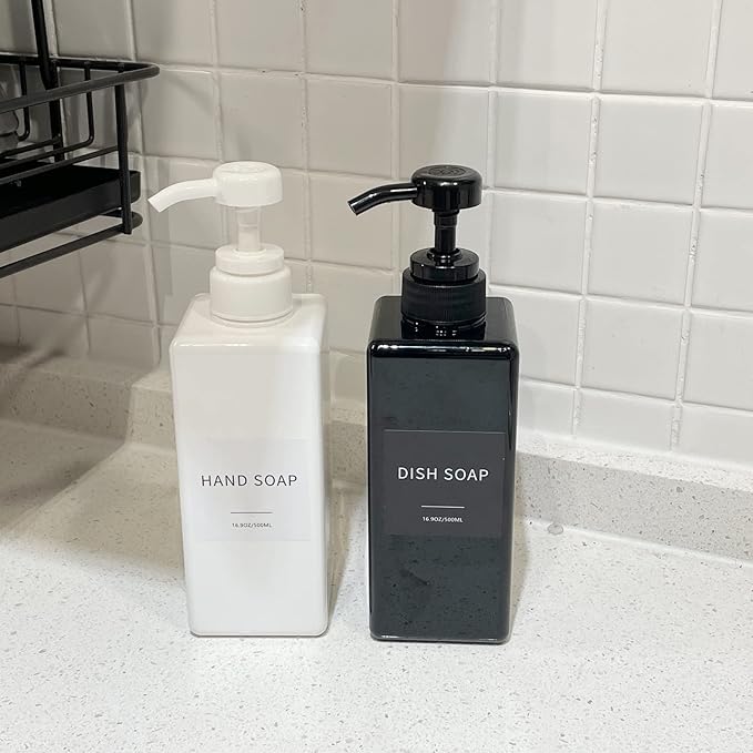 White Soap Dispenser with Waterproof Labels, Thickened Plastic Hand Soap Dispenser for Bathroom, Kitchen Dish Washing Liquid Bottles, Shampoo and Conditioner Bottles with Funnel (16oz 2Pack White)