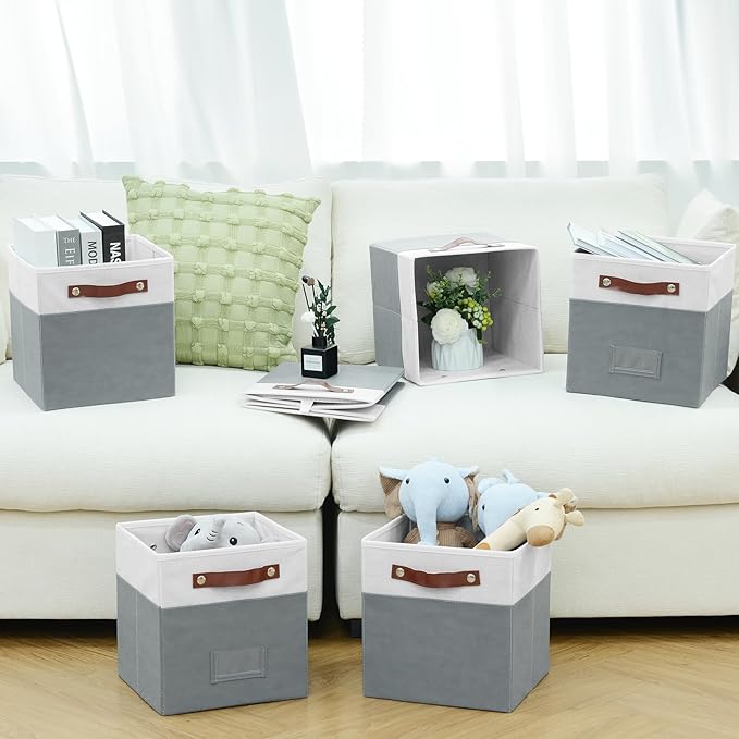 6-Pack Storage Cubes with Handles & Label Holders Basket, Closet Cube Home Organizer Bins(White/Dark Grey, 10.5*10.5*11 inch)