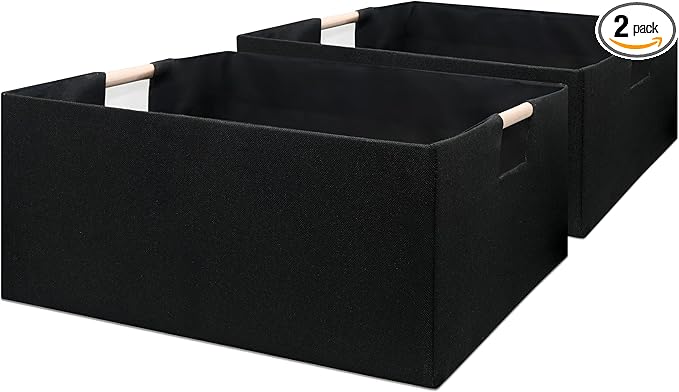 Foldable Fabric Storage Cubes, 2 Packs Cloth Storage Baskets with Wooden Handles, Collapsible Shelf Closet Organizer Bins, Rectangular Storage Boxes for Decor (Black)