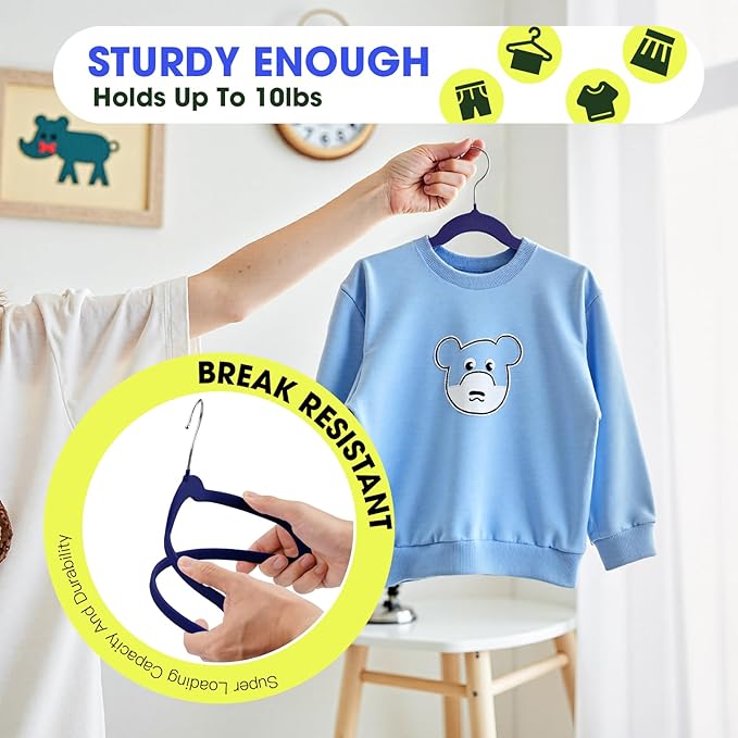 Toddler Hangers,50 Pack 11 Inch,Velvet Baby Hangers Slim & Space-Saving,Baby Clothes Hangers with 360 Swivel Hook,Heavy Duty Felt Hanger for Childrens Coats, Pants,and Dress (Dark Blue)