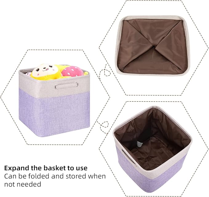 Fabric Cube Storage Bins Foldable Storage Boxes Light Purple and Silver Khaki Patchwork Storage Baskets Cubes Storage Bins with Handle Cube Inserts Storage 13x13x13 cube organizer bin Pack of 3