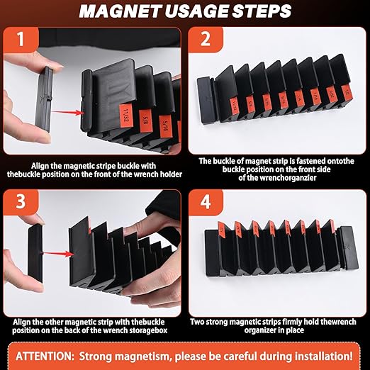 32 PCS Wrench Organizer for Tool Drawer Storage - Modular Wrench Holder with 6 Magnetic Strip, Wrench Rack with SAE/Metric Labels, Perfect Tool Gift for Mechanics, DIYers, Father, Men, Black