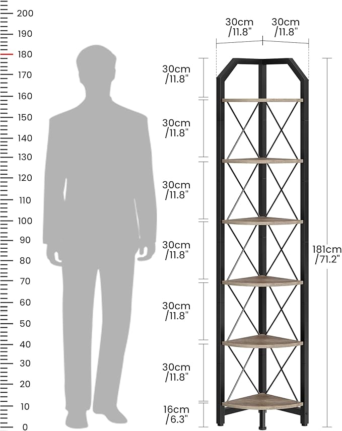 6-Tier Corner Shelf, Industrial Corner Bookshelf, 71.2" Corner Storage Stand, Plant Stand Display Shelf, Corner Bookcase for Bedroom, Living Room, Home Office, Greige and Black TCJ11BG