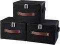 3 Pack Storage Bins with Zipper Lid Fabric Lidded Storage Boxes Baskets Cubes Washable Collapsible PU Leather Handle Cotton Linen Fabric Shelf Closet Organizer Container(Black, Small Size)